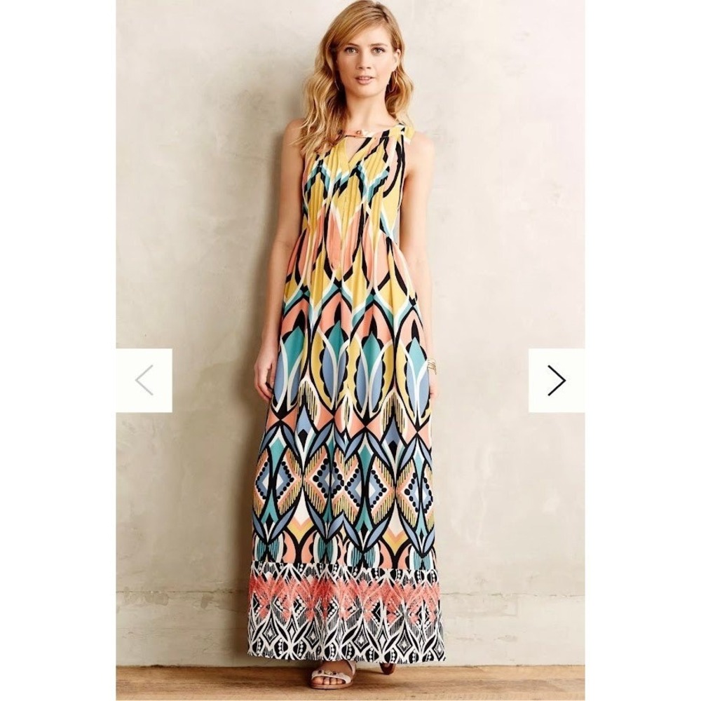 Anthropologie Sleeveless Geometric Print Maxi Dress Yellow Coral Teal Pleated